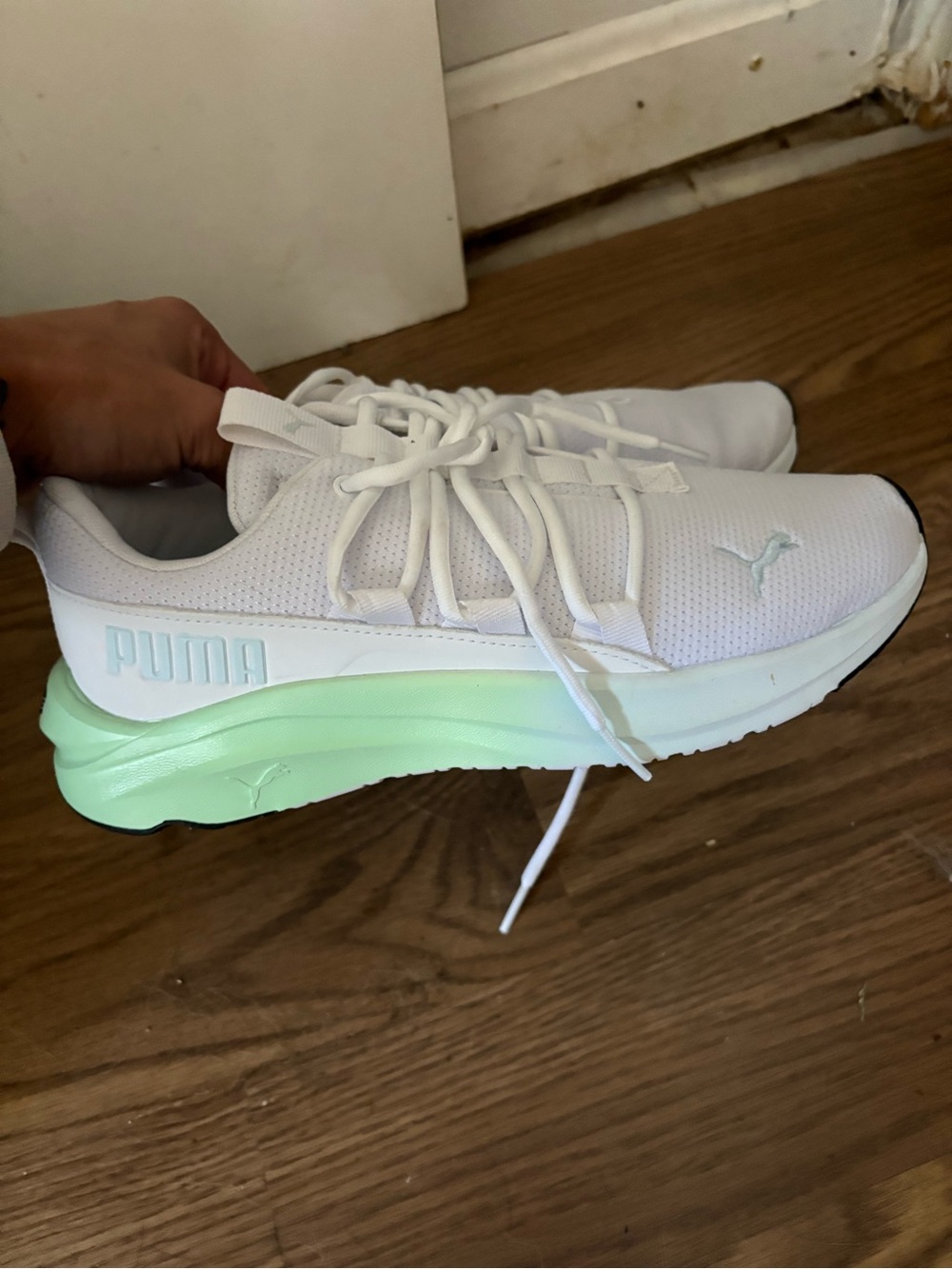 Puma Women's White Mesh Sneakers with Mint-Green Gradient Sole
